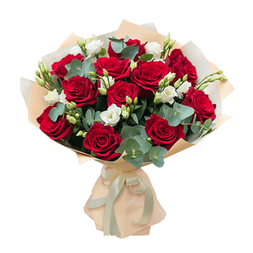 Bouquet de roses et lisianthus