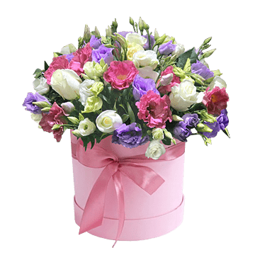 Roses and lisianthus in box