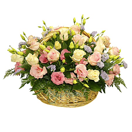 Korb mit Rosen und Lisianthus