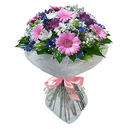 Bouquet de gerberas, alstroemerias, chrysanthèmes, decore de verdure