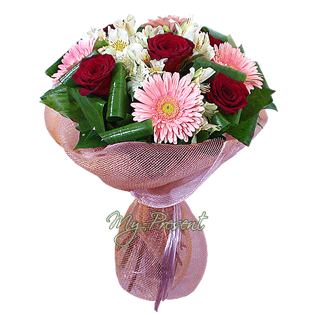 Ramo de rosas, gerberas y alstroemerias