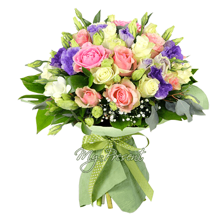Bouquet de roses et de lisianthus