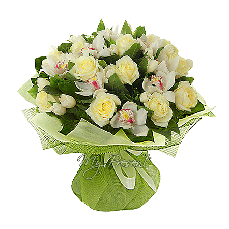 Bouquet de roses, orchidees, tulipes