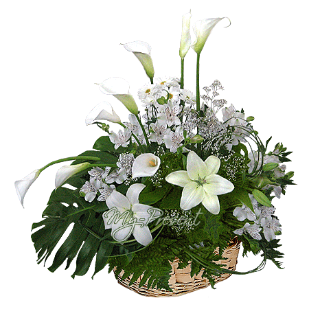 Cesta floral con lirios, alstroemerias y calas — un regalo elegante para bodas y celebraciones