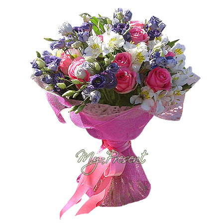 Bouquet of roses, alstroemerias and lisianthus — tenderness and admiration in every petal