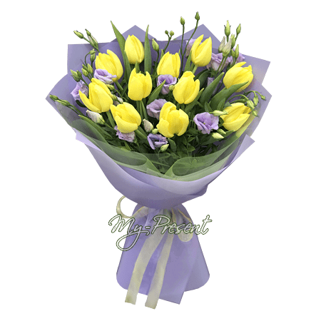 Ramo de tulipanes y lisianthus — frescura, armonía y encanto primaveral