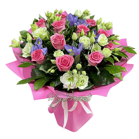 Bouquet « Vernisage » — iris bleus, lisianthus blancs et roses roses