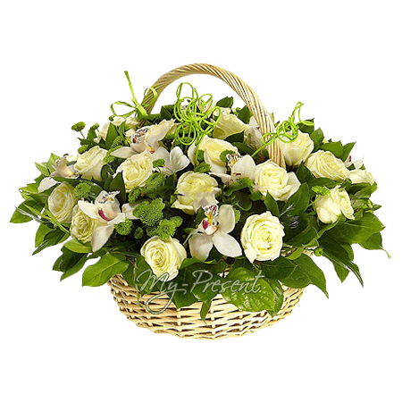 Cesta de orquídeas, rosas y crisantemos — símbolo elegante de celebración y armonía