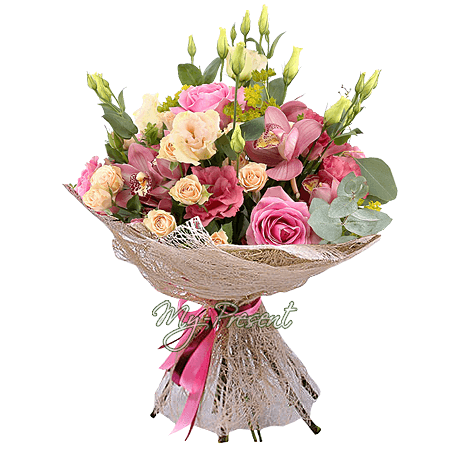 Ramo de orquídeas, lisianthus y rosas — encarnación del amor y la elegancia