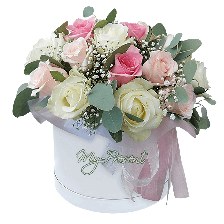 Box of different color roses — symbol of love, respect and warmth