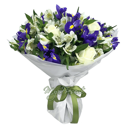 Bouquet de roses, d’alstroemères et d’iris — élégance et fraîcheur réunies