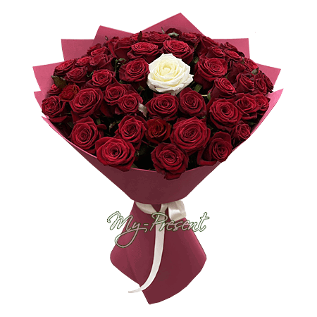 Bouquet of red and one white rose (60 cm.) — a symbol of love, devotion and uniqueness