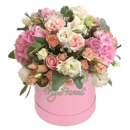 Caja de flores con hortensias y rosas – encarnación de ternura y elegancia