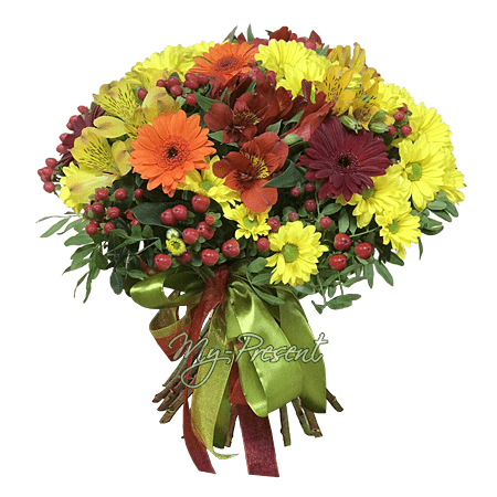 Ramo de crisantemos, alstroemerias, gerberas con decoracion de hiperico — calidez, alegría e inspiración en cada pétalo