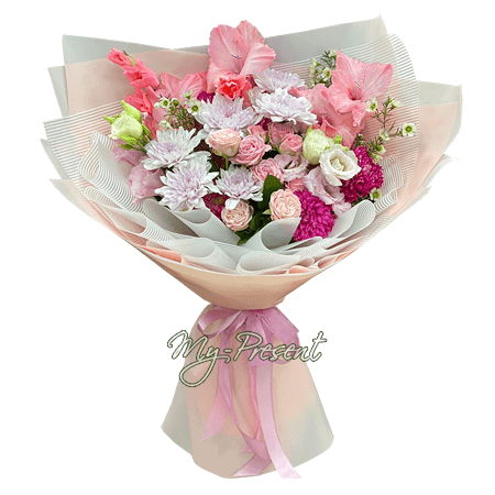 Bouquet de glaïeuls, de chrysanthèmes et de roses — symbole d’amour, de pureté et de fidélité