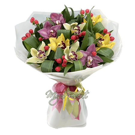 Bouquet of orchids and hypericum — a symbol of grace, devotion, and inspiration