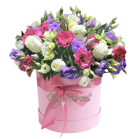 Rosas y lisianthus en una caja — armonía de ternura, respeto y admiración