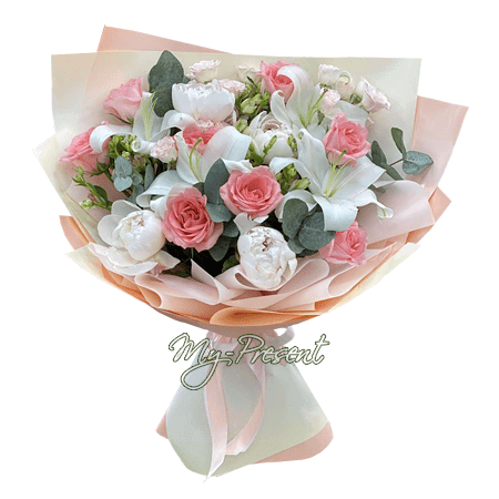 Bouquet de roses, de pivoines et de lys