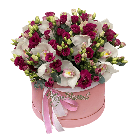 Orquídeas y lisianthus en una caja